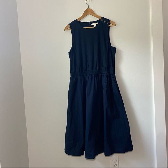 1901 Sailor Button Shoulder Stretch Cotton Poplin Navy Blue Midi Dress Retro - Picture 2 of 8